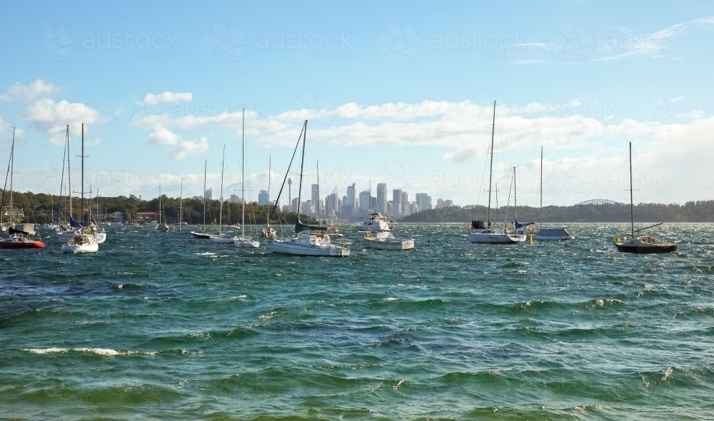 Boats anchored on Watson's Bay, with the city skyline in the horizon - Australian Stock Image