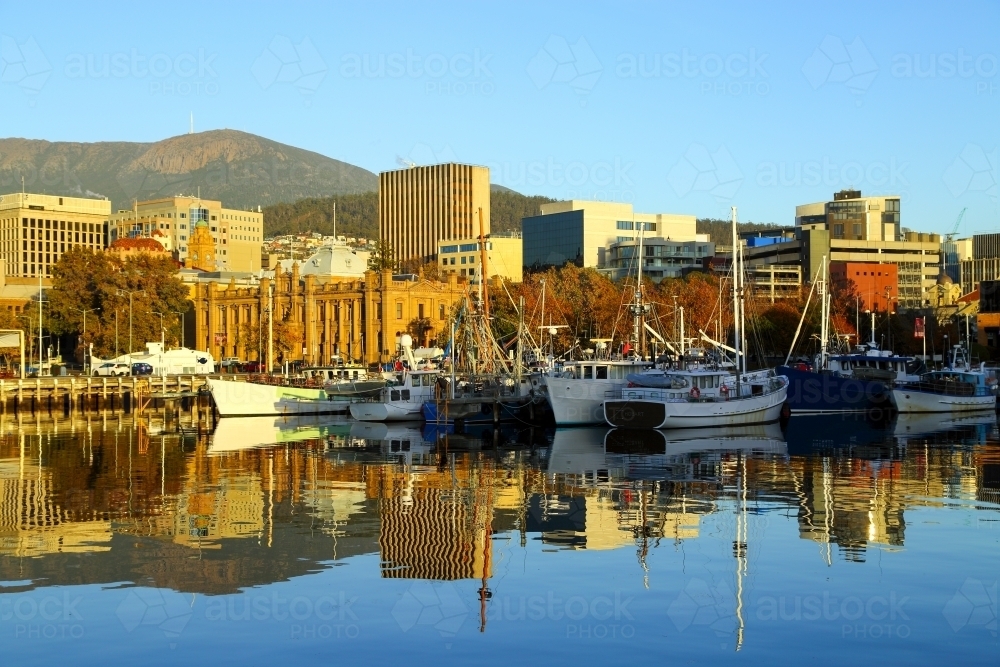 Boats at rest at Constitution Dock, downtown Hobart. - Australian Stock Image