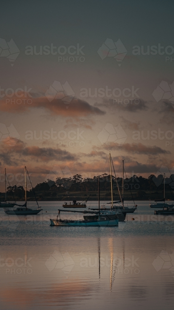 Boats Docked at the Geelong Waterfront before Sunrise - Australian Stock Image