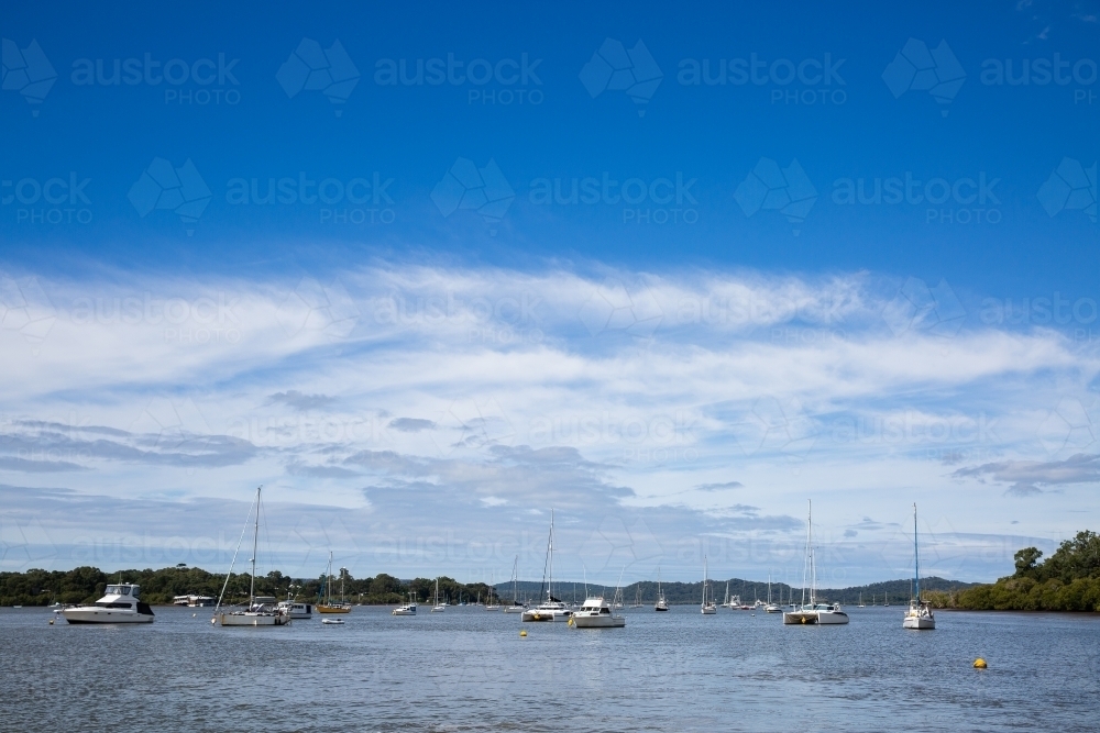 boats tied to moorings in Moreton Bay under a blue sky - Australian Stock Image