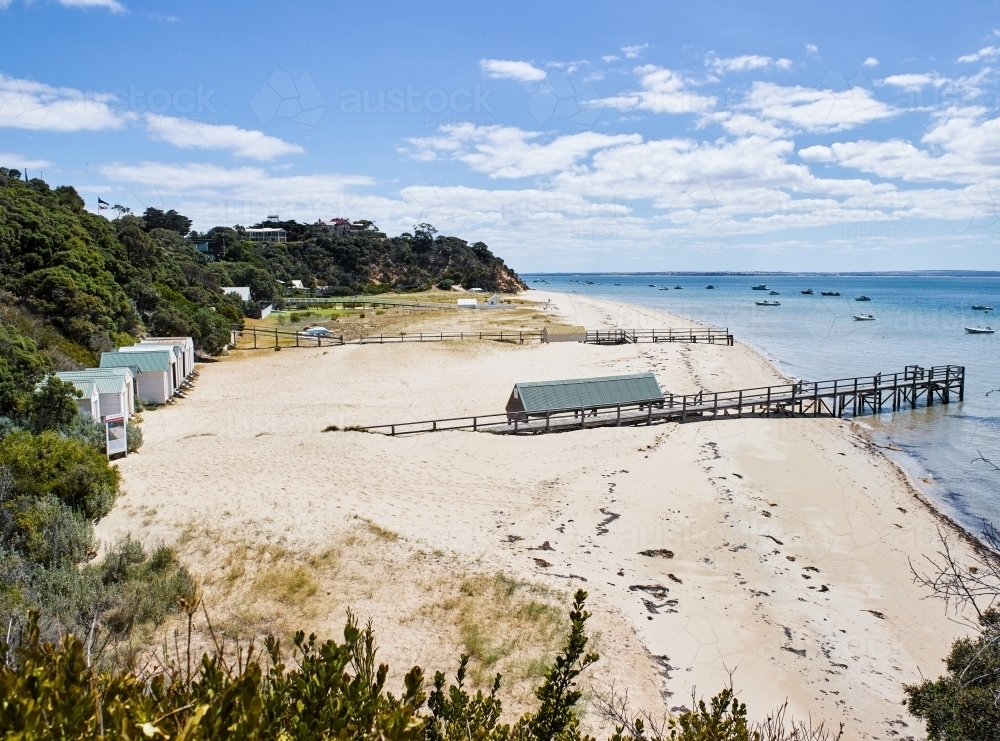 Boatsheds & jetty from lookout - Australian Stock Image