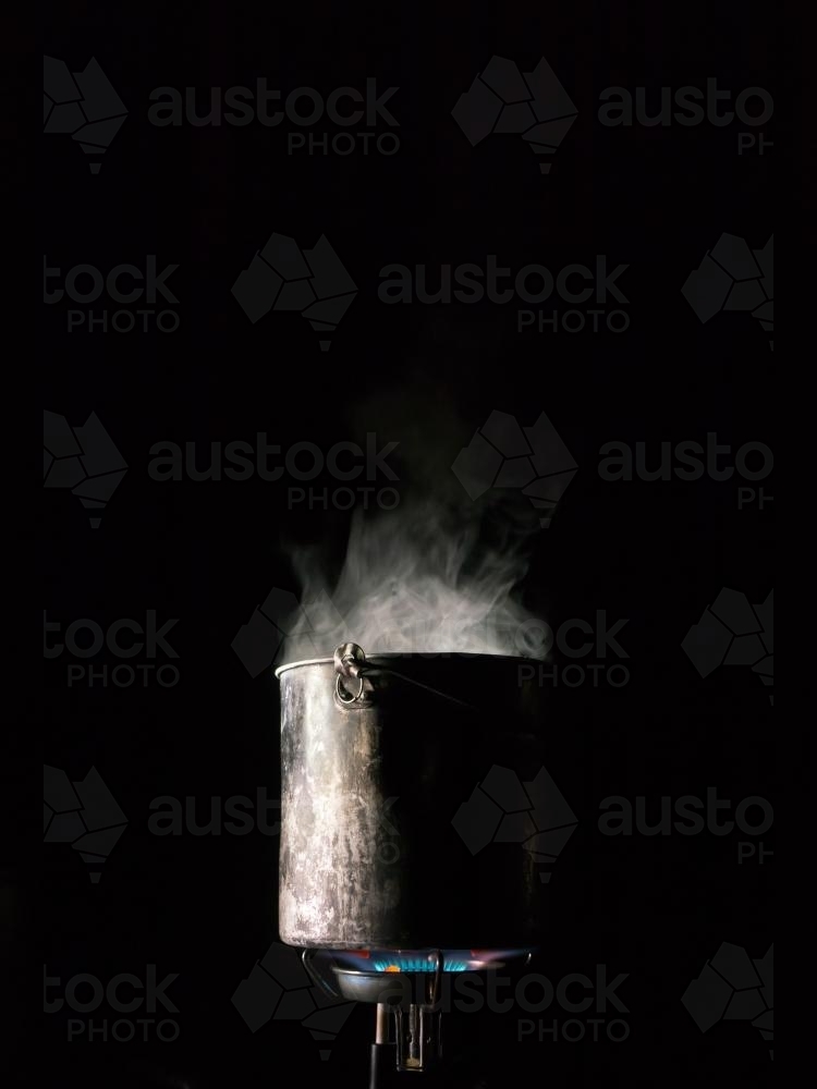 Boiling Billy on a Gas Camping Stove - Australian Stock Image