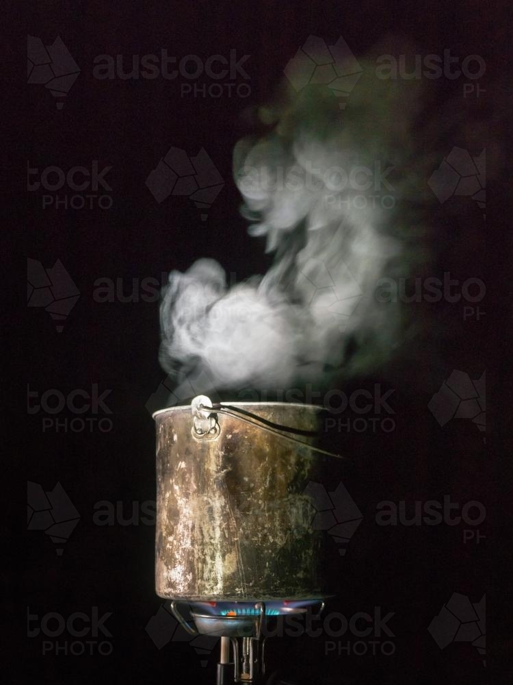 Boiling Billy on a Gas Camping Stove - Australian Stock Image