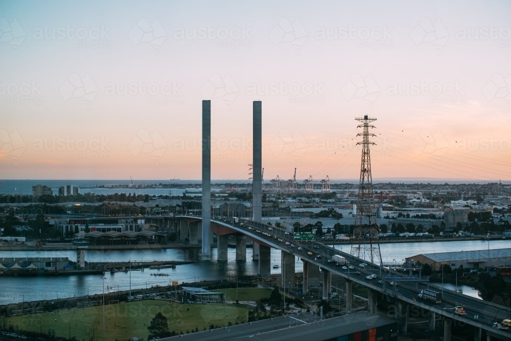 Bolte Bridge at sunset with ocean - Australian Stock Image
