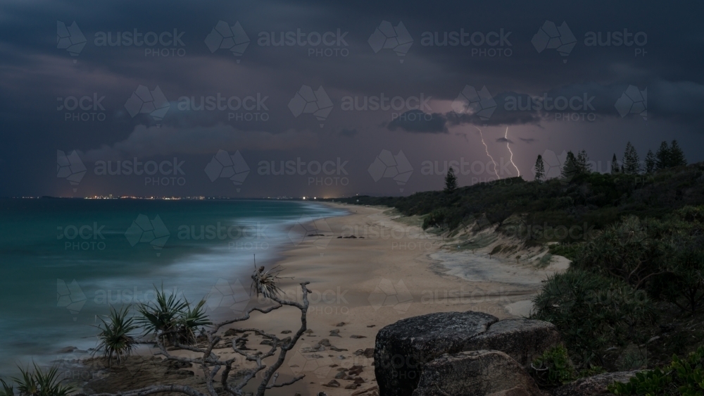 Long exposure shot of double lighting on the beach - Australian Stock Image