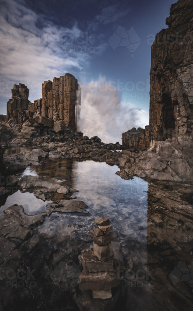 Bombo headland quarry and booming swell smashing on rocks - Australian Stock Image