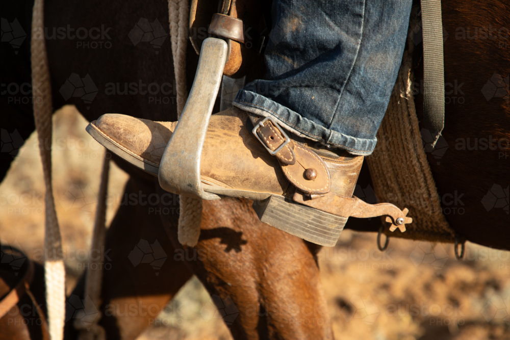 Boot with spur, resting in the stirrup iron - Australian Stock Image