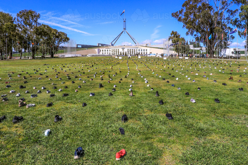 Boots lined up for Canberra Zero Suicide Awareness Day - Australian Stock Image