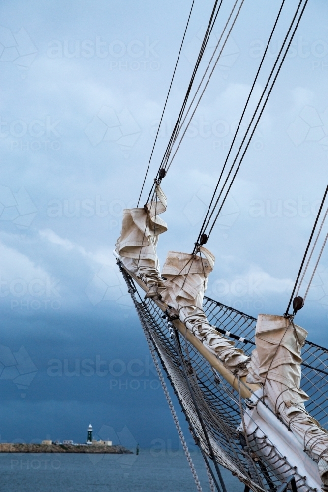 Bowsprit of STS Leeuwin II at dock. - Australian Stock Image