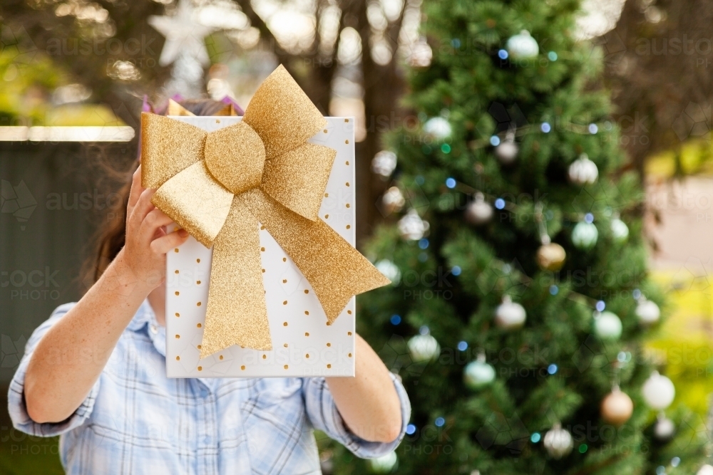 Box and bow Christmas gift held out a re-usable eco friendly wrapping - Australian Stock Image