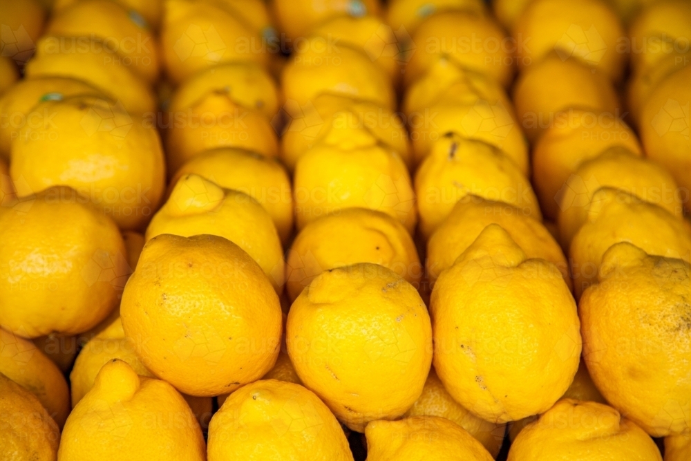 Box of Lemons stacked outside fruit shop - Australian Stock Image