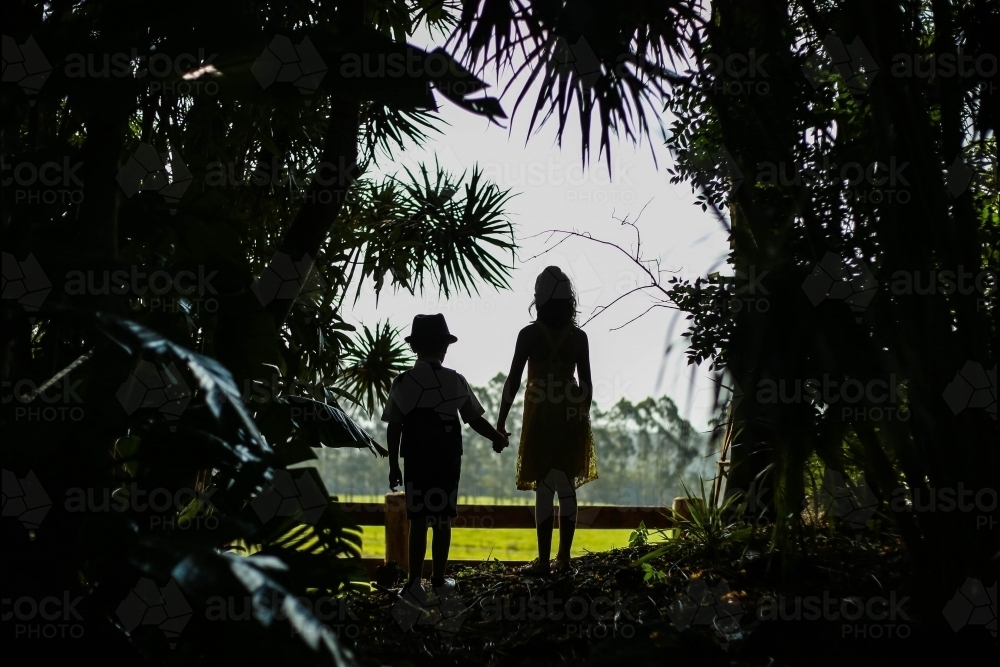 Boy and girl silhouette in trees - Australian Stock Image