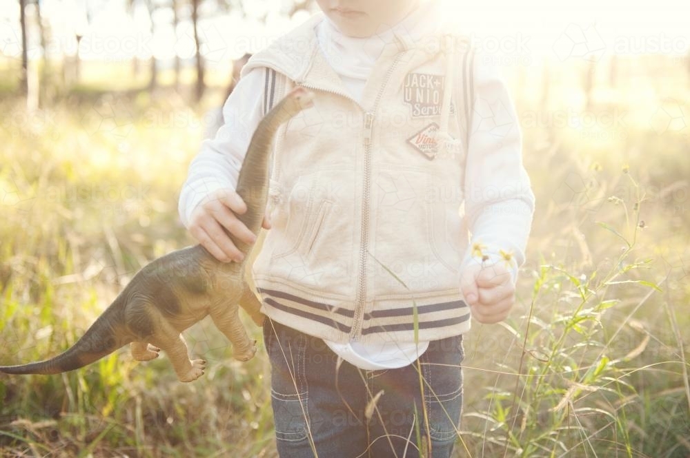 Boy outdoors holding toy dinosaur - Australian Stock Image