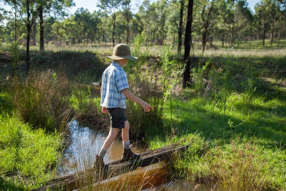 Boy walking across homemade bridge over creek in paddock - Australian Stock Image