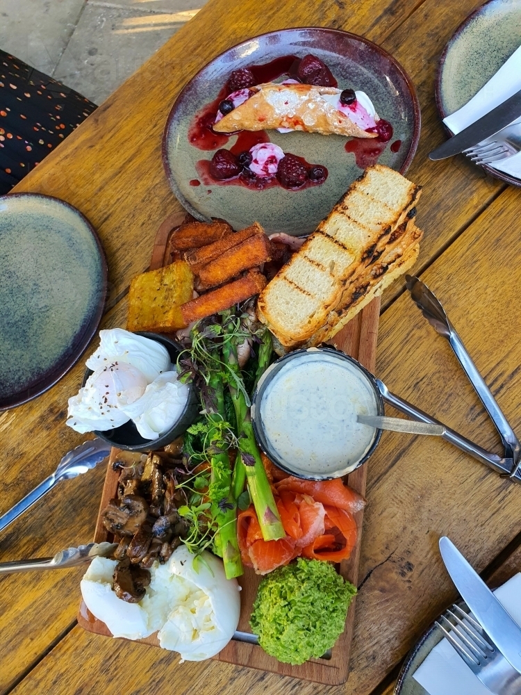 breakfast platter top down view - Australian Stock Image