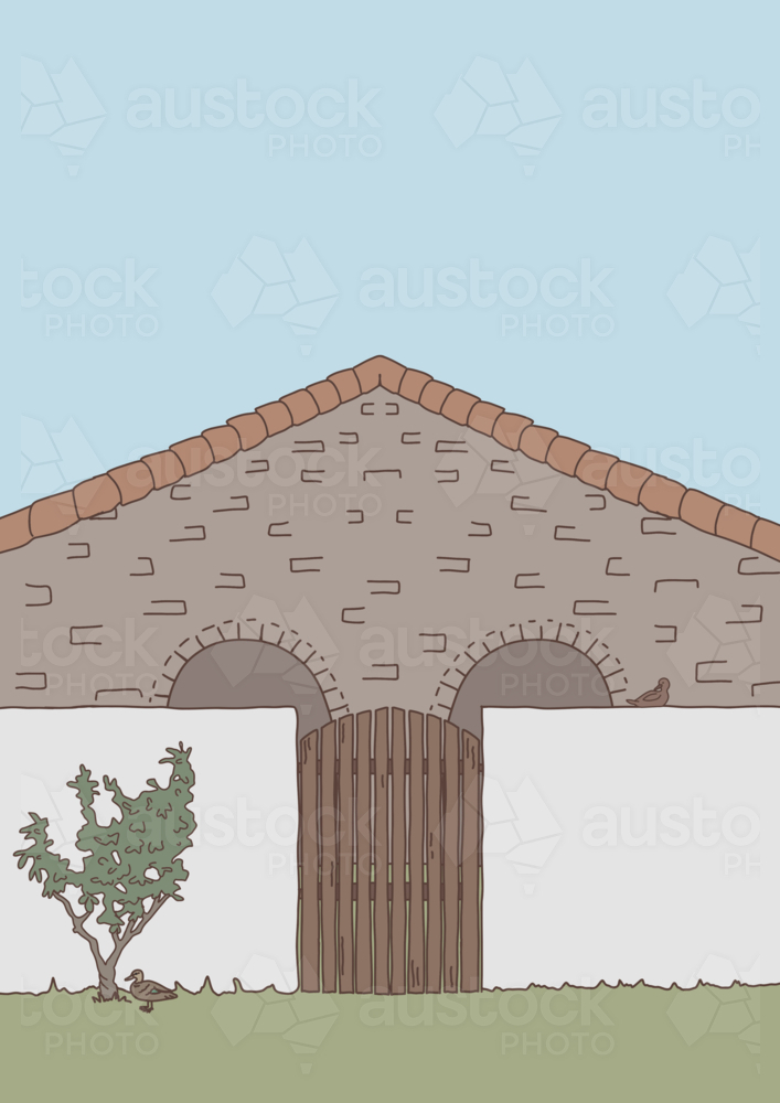 Brick house behind white wall and brown gate with ducks and blue sky - Australian Stock Image