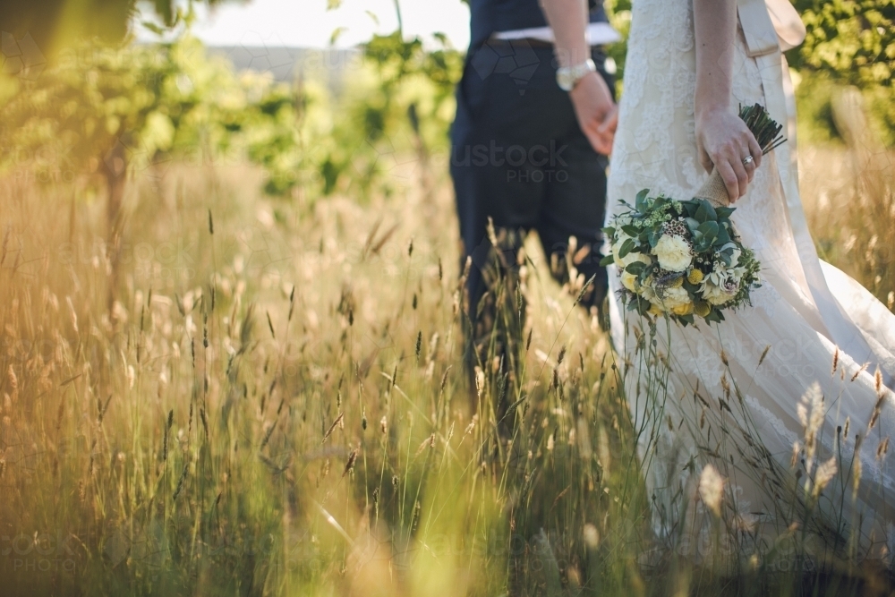 Bride and groom strolling through grapevines and long grass, holding hands with a wedding bouquet - Australian Stock Image