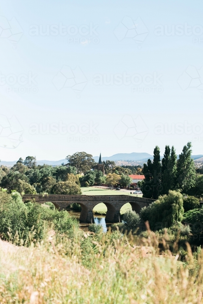 Bridge over a river landscape in a country town - Australian Stock Image