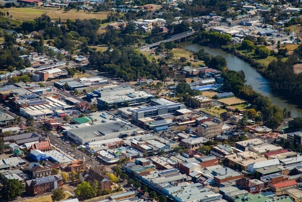 Bridge over river in Lismore with buildings and street seen from above - Australian Stock Image