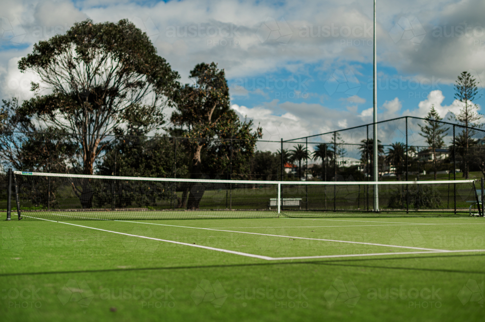Bright tennis court set in a park surrounded by palm trees in soft light - Australian Stock Image