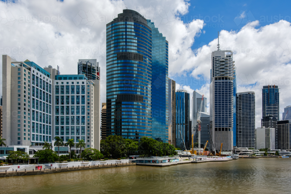 Brisbane CBD and River with Construction on the Boardwalk - Australian Stock Image