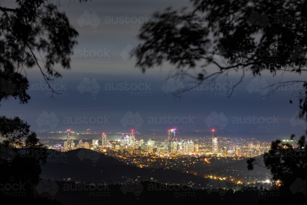 Brisbane city at night viewed from Camp Mountain - Australian Stock Image