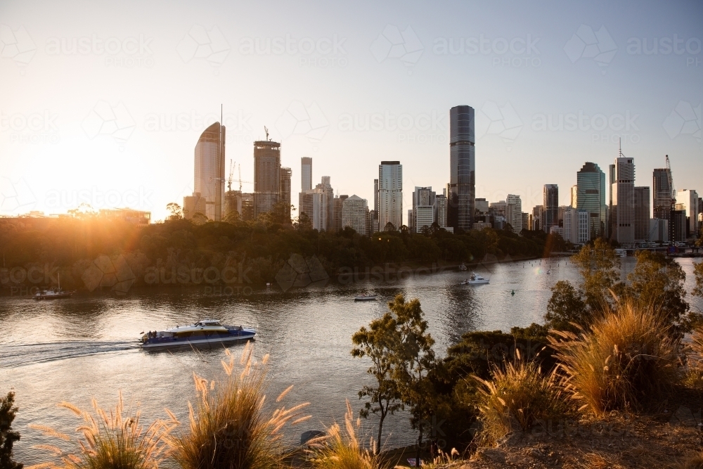 Brisbane city ferry and the city from Kangaroo Point - Australian Stock Image