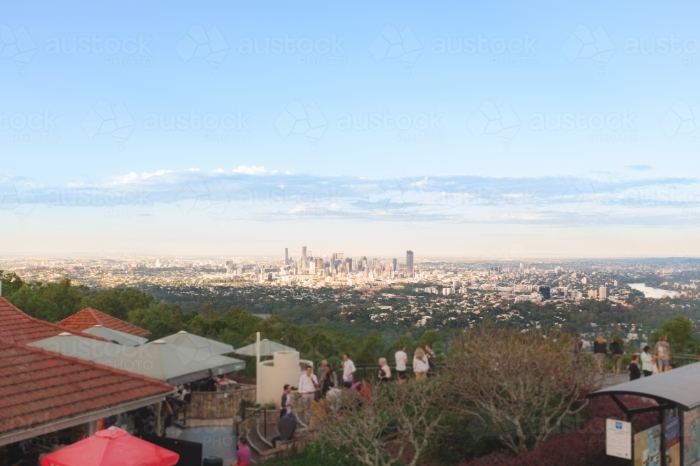 Brisbane City from Mt Cootha lookout, with blurred tourists - Australian Stock Image