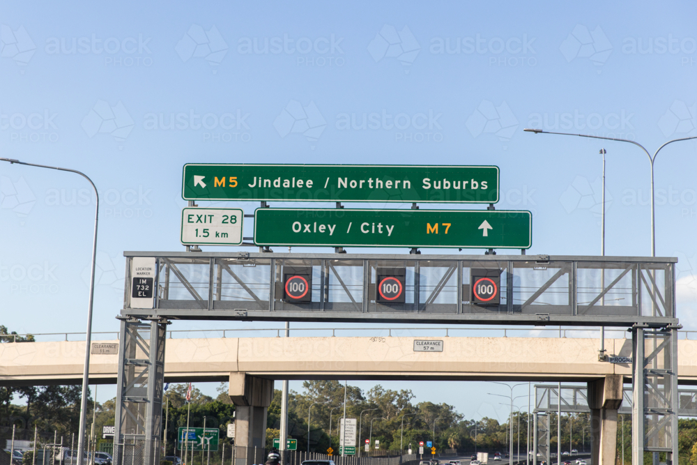 Brisbane motorway street signs to City, Oxley and Jindalee - Australian Stock Image