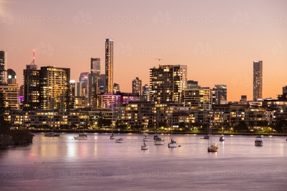 Brisbane River and City Skyline at Dusk - Australian Stock Image