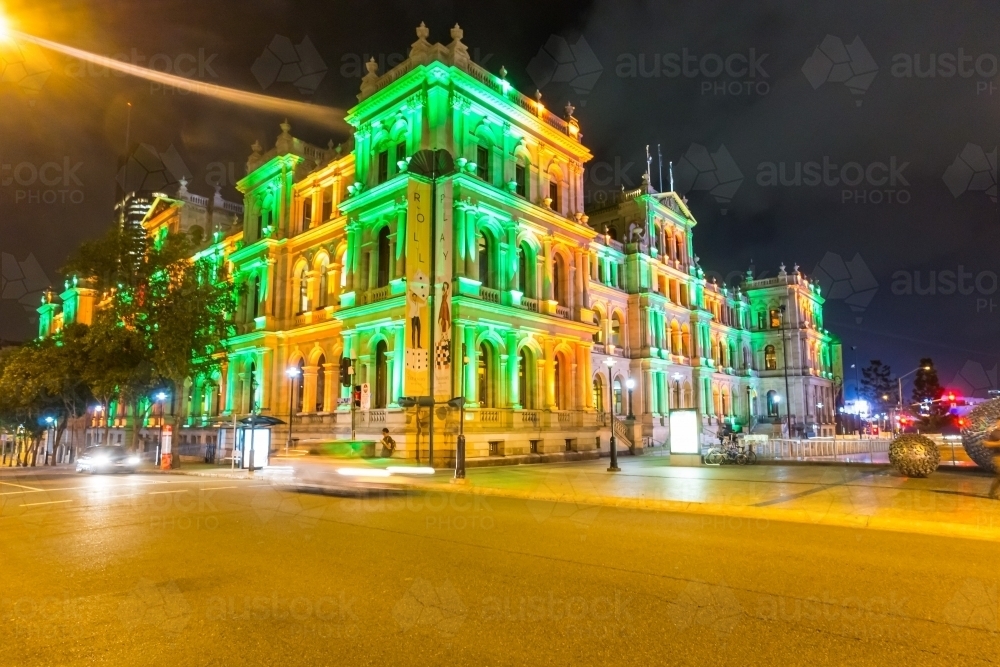 Brisbane's casino building bathed in coloured lighting - Australian Stock Image