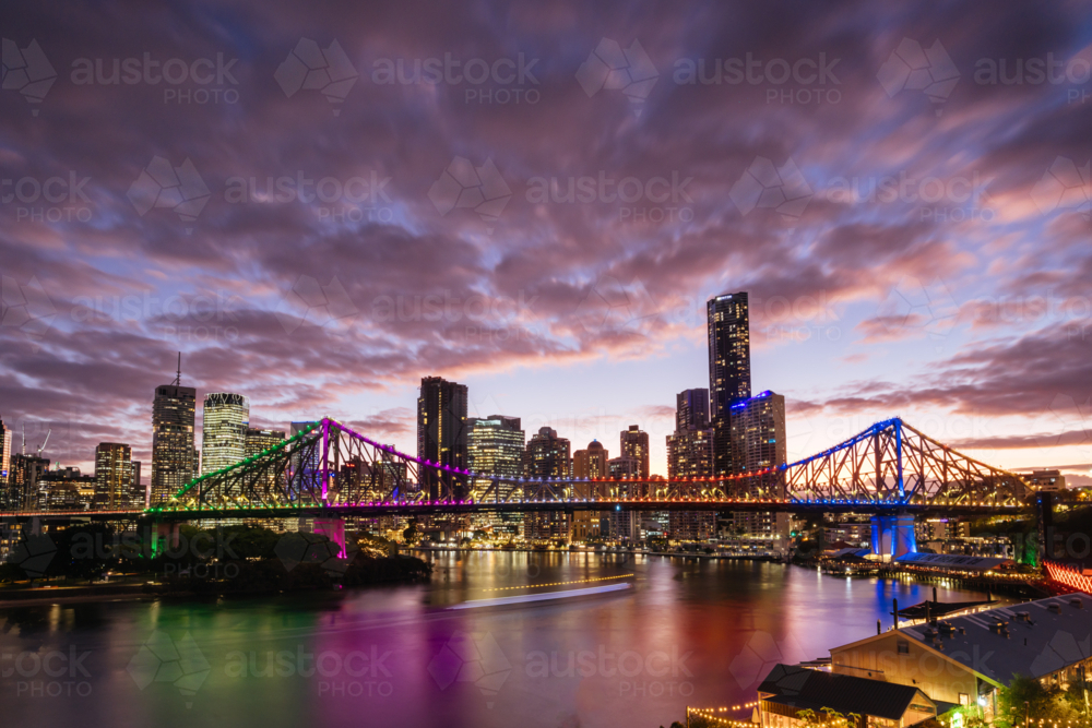 Brisbane skyline and Story Bridge from the suburb of New Farm and Wilson Outlook Reserve. - Australian Stock Image