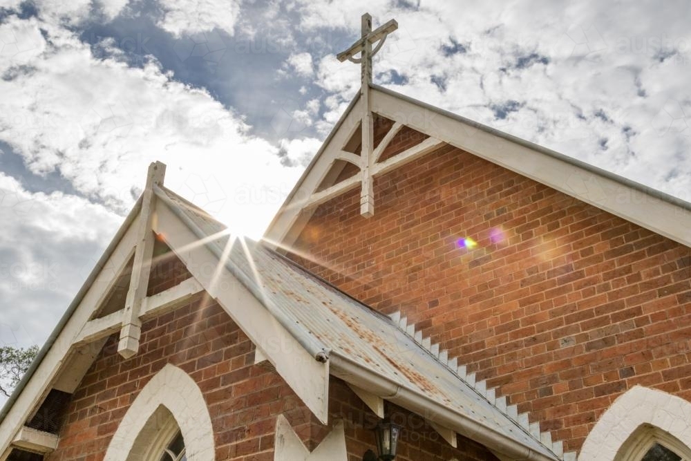 Broke Fordwich Country Church with sunlight shining over the roof - Australian Stock Image