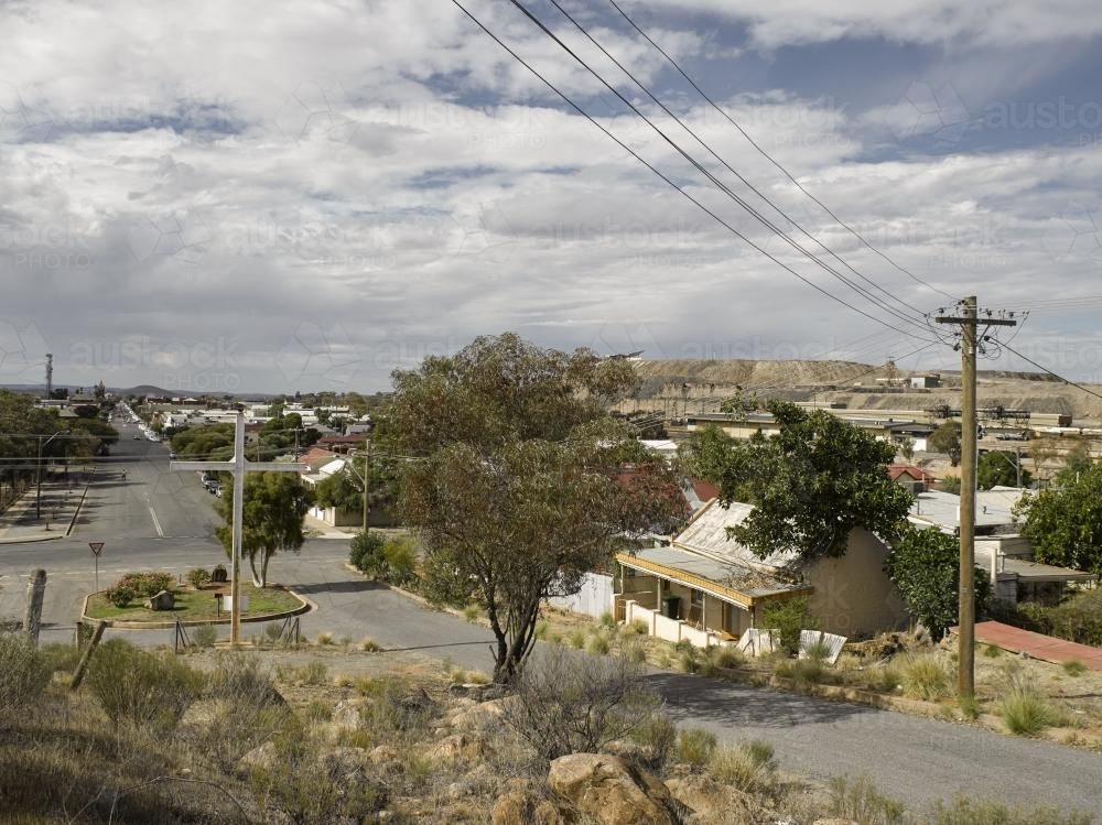 Broken Hill streetscape with mines in distance - Australian Stock Image