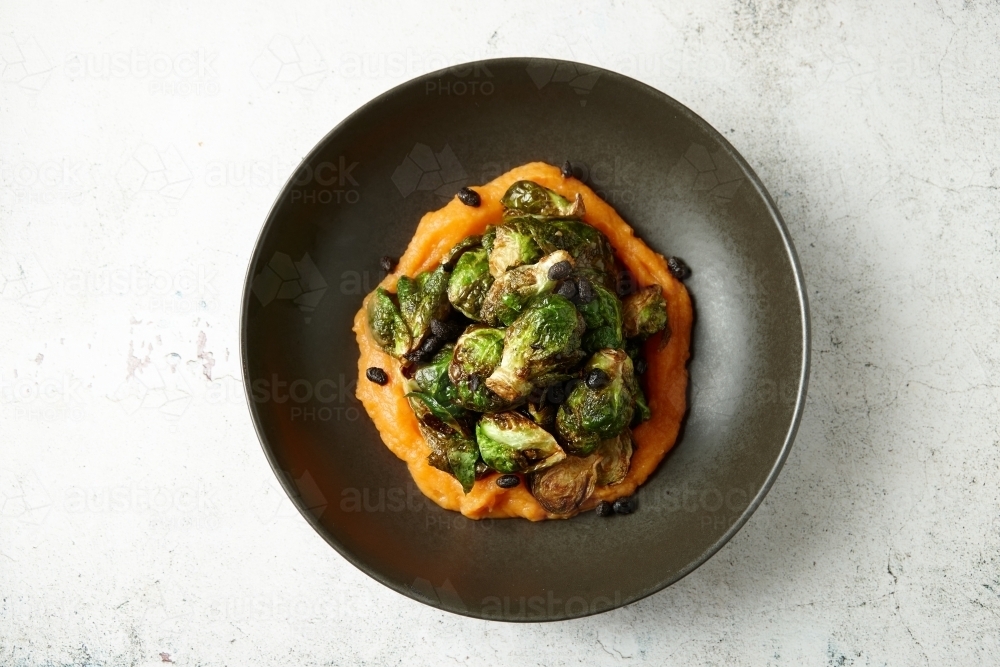 Brussel sprouts with pumpkin paste - Australian Stock Image