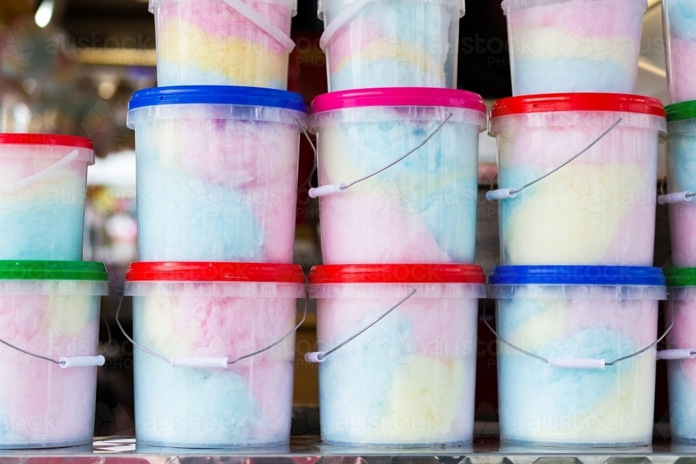 Buckets of fairy floss on display in food truck at showground during country show - Australian Stock Image