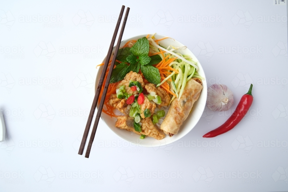 Bun Cha Gio bowl topped with fried spring roll and Cha Lua. - Australian Stock Image