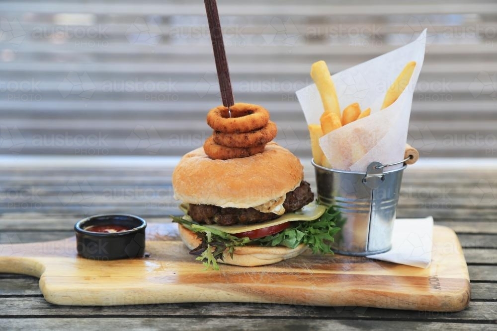 Burger and chips at the pub - Australian Stock Image