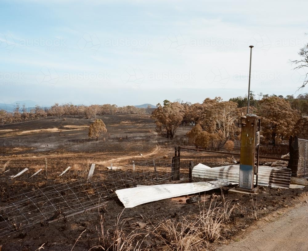Burnt bushfire landscape with scrap metal in foreground - Australian Stock Image