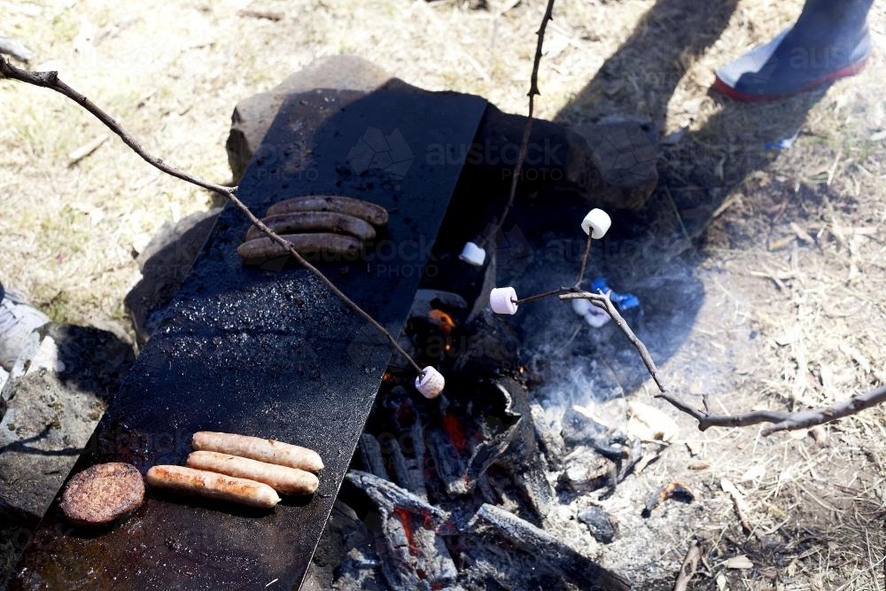 Bush barbeque with meat cooking and roasting marshmellows - Australian Stock Image