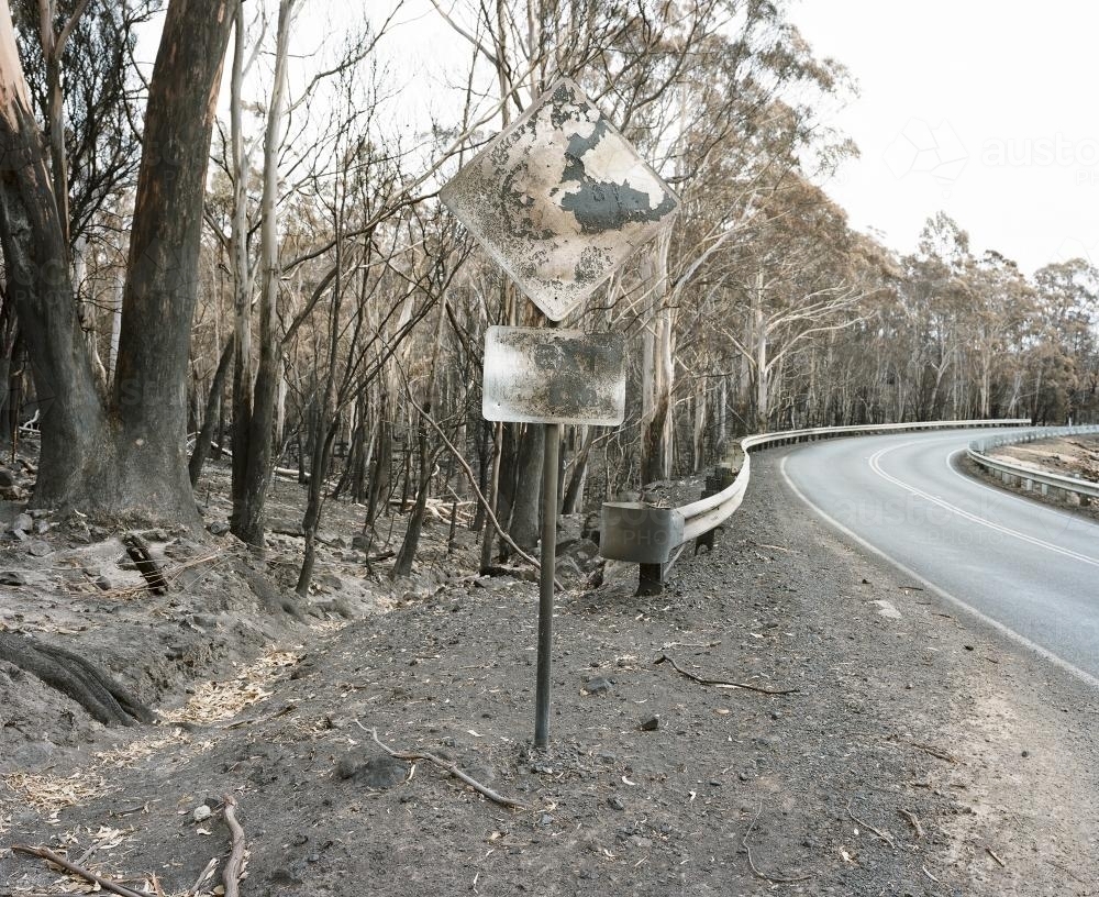 Bushfire ravaged landscape with road and road sign - Australian Stock Image