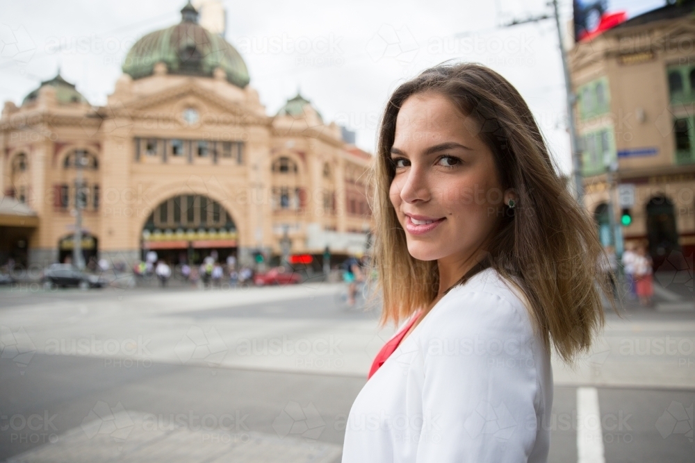 Business Woman Going to Flinders Street Station - Australian Stock Image