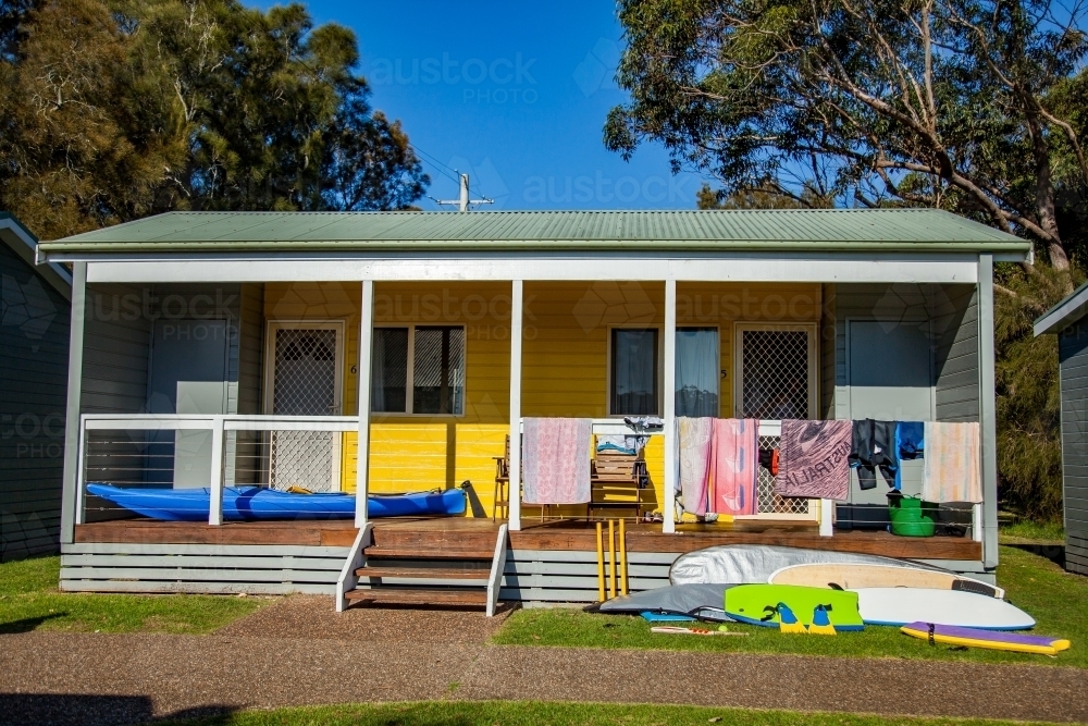 Cabin accommodation at seaside holiday park - Australian Stock Image