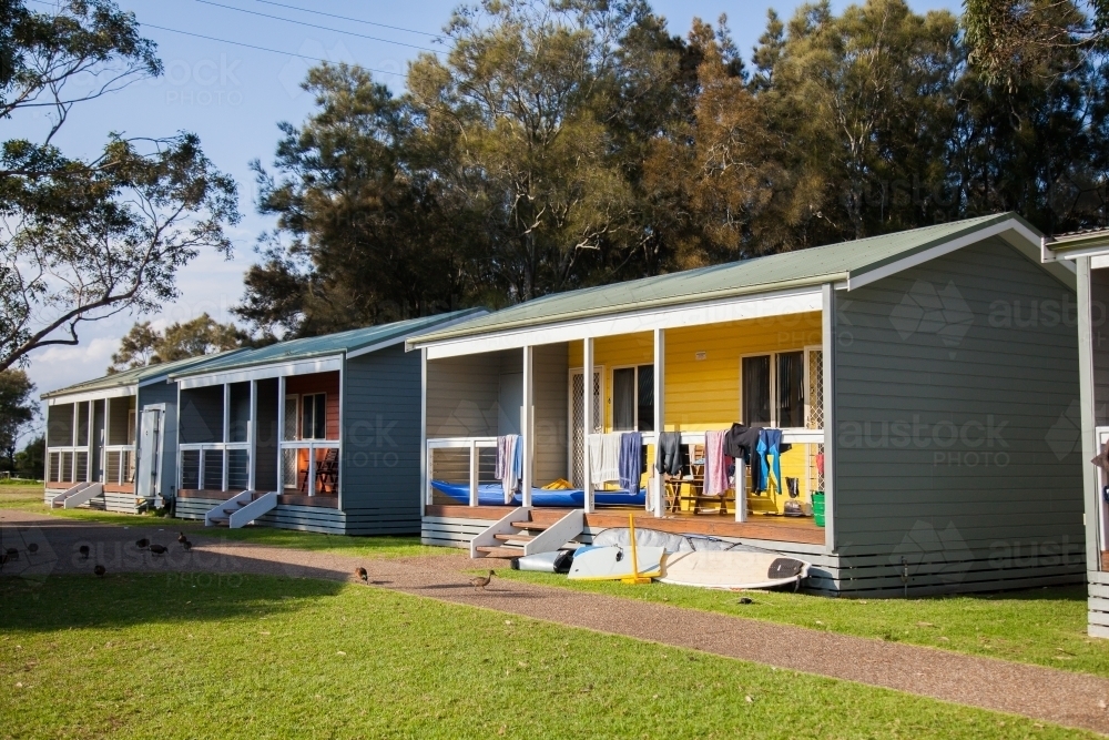 Cabin accommodation at seaside holiday park - Australian Stock Image