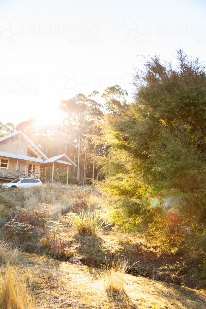 Cabin in the woods with car beside it on rural property in the hunter valley hills - Australian Stock Image