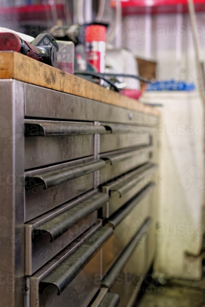 Cabinet at a mechanic's workshop for luxury cars on the Gold Coast - Australian Stock Image