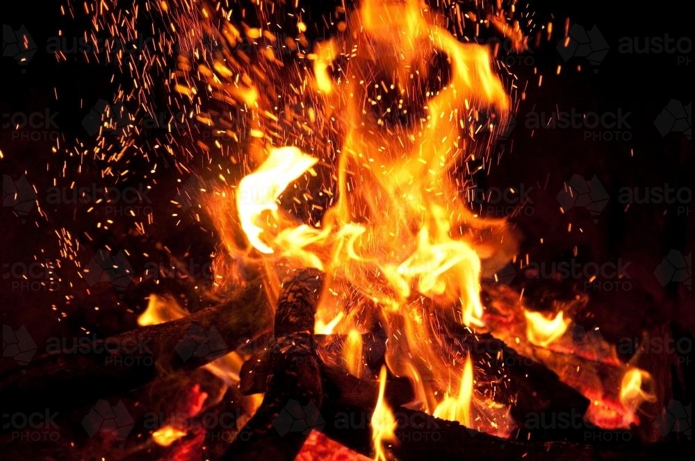 Camp fire with sparks - Australian Stock Image