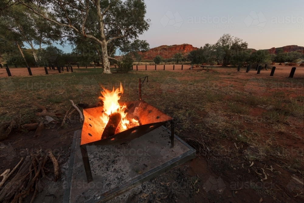 Campfire at campsite in the outback, Northern Territory Palm Valley - Australian Stock Image