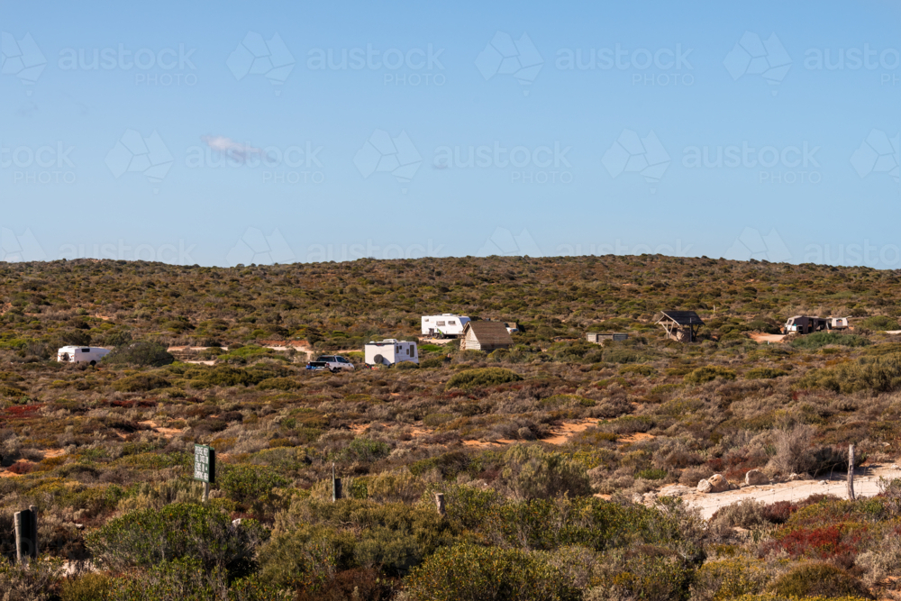 camping ground nestled in sand dunes, Cactus Beach, South Australia - Australian Stock Image