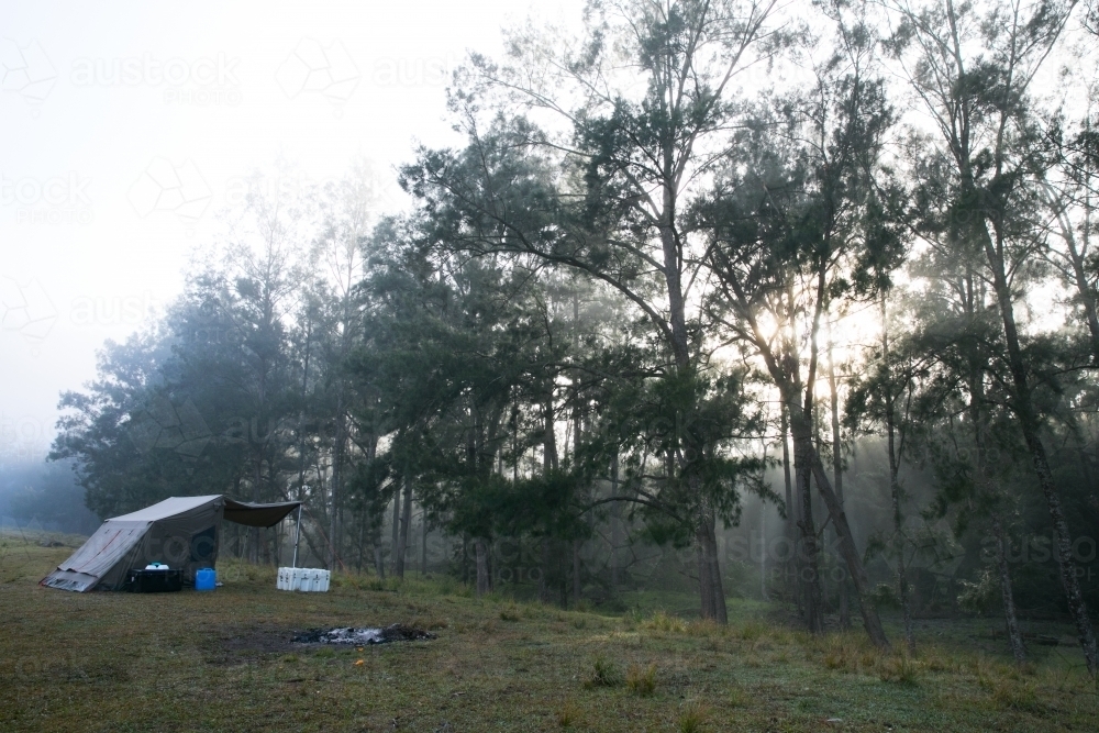 Camping in winter in the Fog - Australian Stock Image